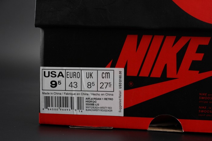 AIR JORDAN 1 High OG “Black Toe” white/ black-varsity red mens 555088-125